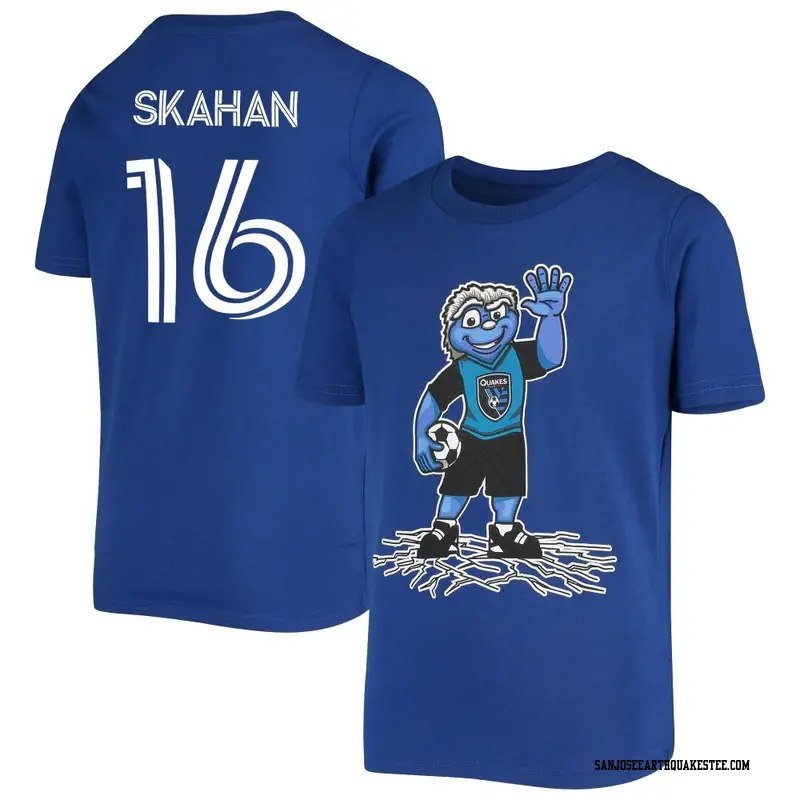 Men's San Jose Earthquakes ＃16 Jack Skahan Blue Name & Number Standing Mascot T-Shirt