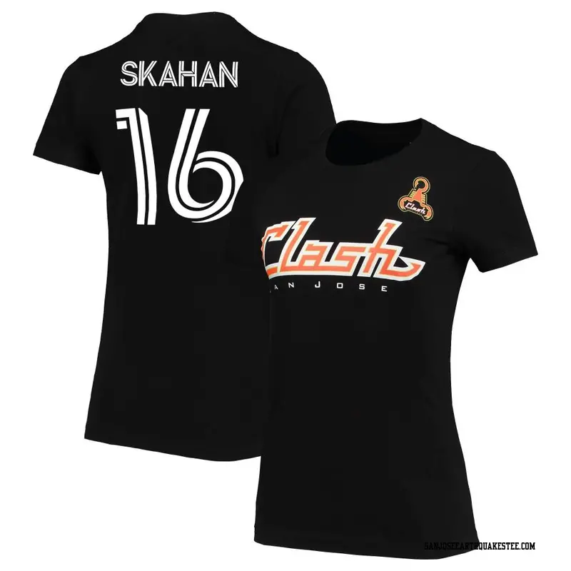 Women's San Jose Earthquakes ＃16 Jack Skahan Black Name & Number Since '96 Primary T-Shirt