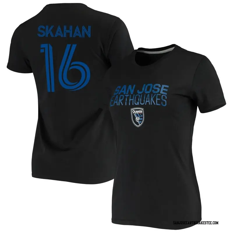 Women's San Jose Earthquakes ＃16 Jack Skahan Black Name & Number Stacked Go-To T-Shirt