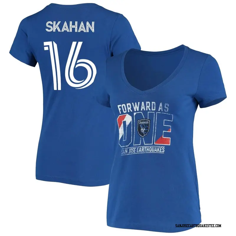 Women's San Jose Earthquakes ＃16 Jack Skahan Blue Name & Number Forward As One V-neck T-Shirt