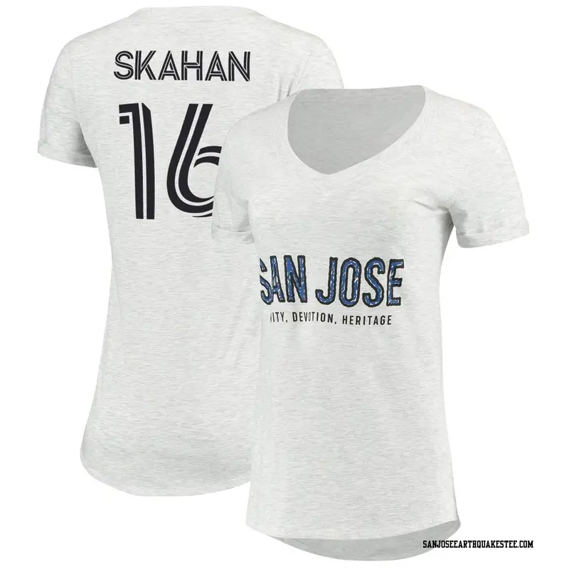 Women's San Jose Earthquakes ＃16 Jack Skahan Gray Name & Number Over Inked V-Neck T-Shirt