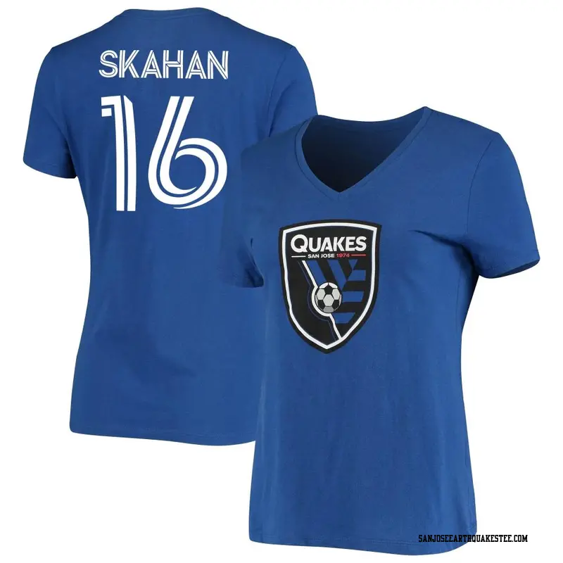 Women's San Jose Earthquakes ＃16 Jack Skahan Royal Name & Number Stack V-Neck T-Shirt